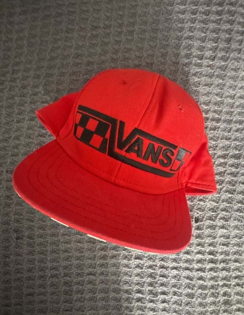 Vans Red and Black Checkered Logo Flat Bill Snapback Hat Cap